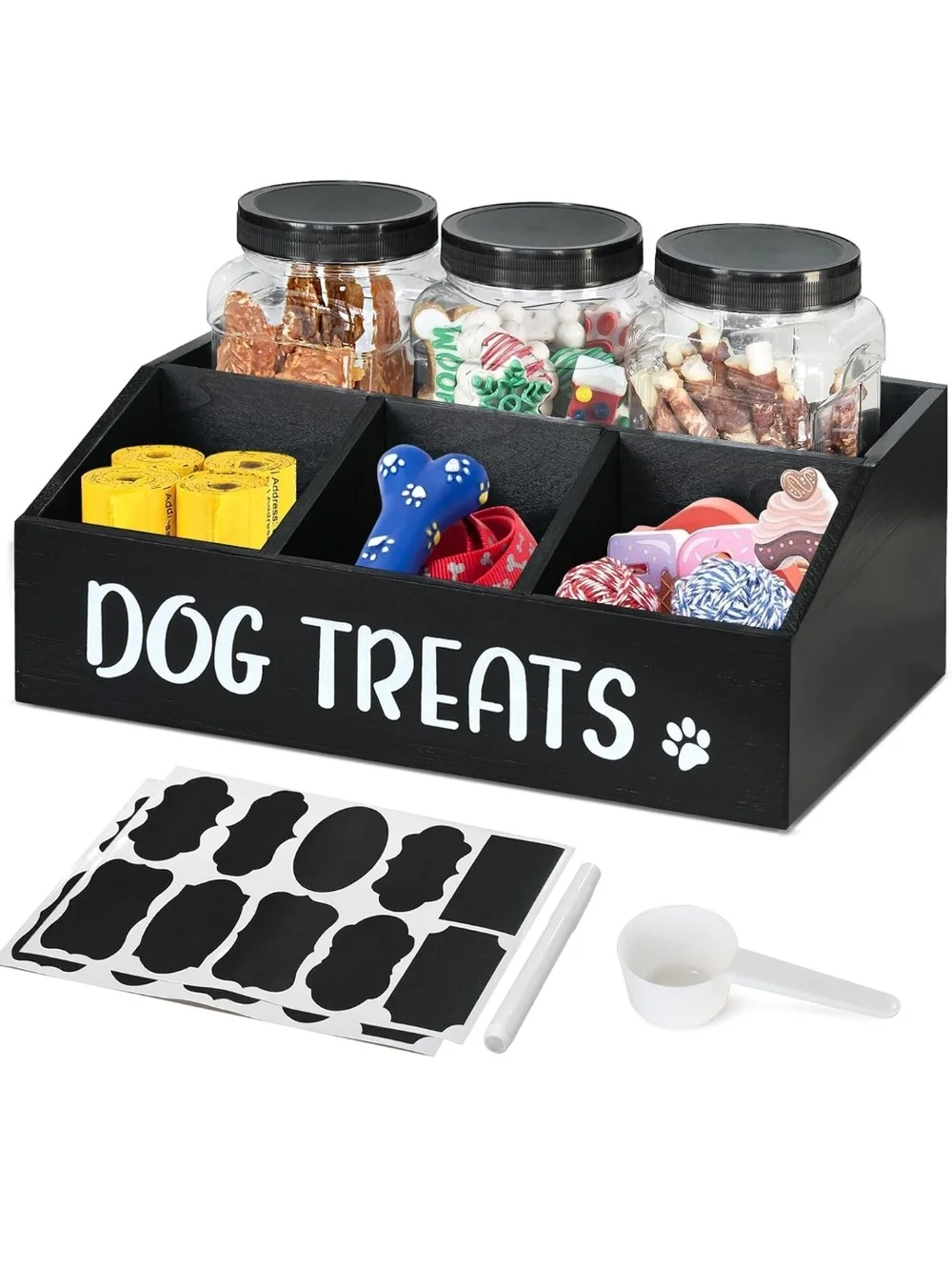 Black Wooden Dog Treat Organizer with Jars
